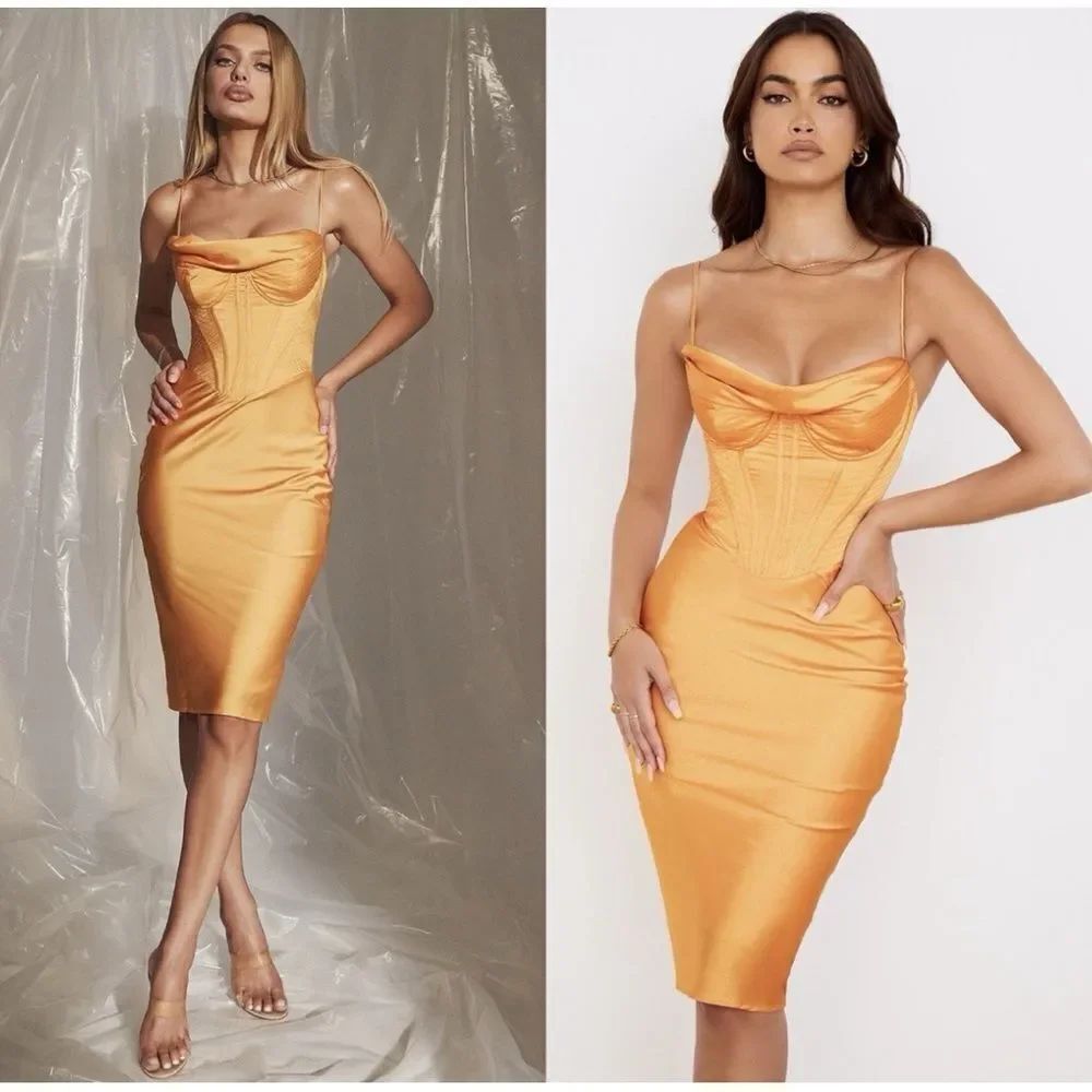 House of CB Myrna Tangerine Satin Corset Midi Dress Nordstrom $269